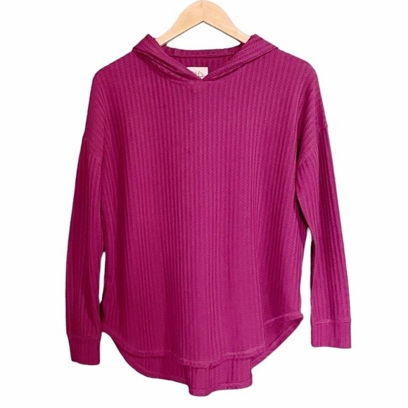 Chaser Waffle Knit Pullover Hoodie Curved Hem Top Raspberry Women’s Size Small - Picture 2 of 10
